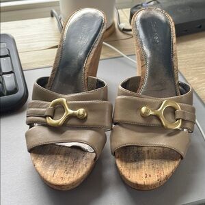 Calvin Klein beige platform sandals with gold hardware